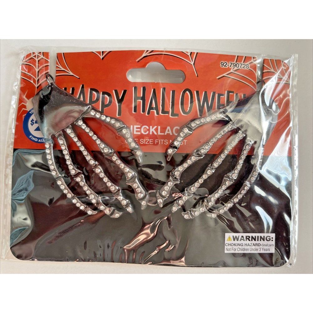 Gun Metal Black Rhinestone Skeleton Hands Necklace Halloween Costume‎ Jewelry